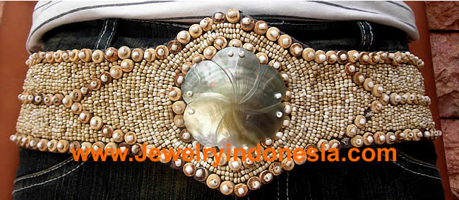 Fashion belts made of coconut beads and hand carved mother pearl shell