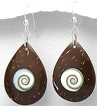 Coconut Shell Wood with Shiva Eyes Shell Earrings. Bali Fashion Jewellery Wholesale.