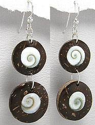 Coconut Shell Wood with Shiva Eyes Shell Earrings. Bali Fashion Jewellery Wholesale.